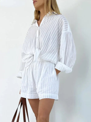 Sumuyoo Casual Shorts Sets Striped Jacquard 2 Pieces Cozy Lapel Lantern Sleeve Shirt Summer Outfit Elastic Waist Shorts Suits