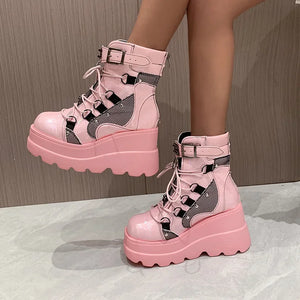 Cosplayer Gothic Motorcycle Boots 2024 New Platform Chunky High Heel Ankle Boot Ladies Cool Wedge Punk Woman Black Female Shoes