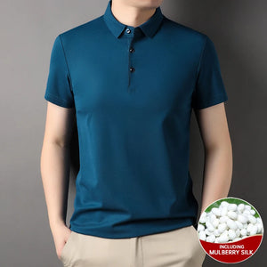 Top Grade 4.7% Mulberry Silk New Summer Brand Luxury Brand Polo Men Shirt Short Sleeve Plain Casual Tops Fashions Men Clothes