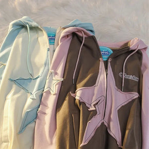 Japanese Sweet Loose Embroidered Star Jacket Spliced Sky Blue Hoodie Campus Style Fall New Women's Cardigan Jacket Clothes