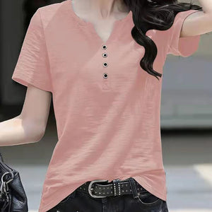 Women's Blouse Clothing V-neck Button T-shirt Spring Summer Loose Large White Short Sleeve Solid Elegant Casual Tops