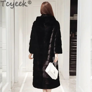 Tcyeek 2023 Elegant Real Fur Jacket Female Mink Winter Warm Hooded Real Fur Coat Long Natural Mink Fur Coats Women Clothing