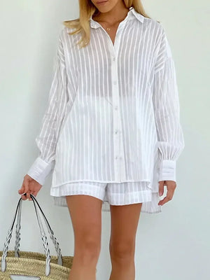 Sumuyoo Casual Shorts Sets Striped Jacquard 2 Pieces Cozy Lapel Lantern Sleeve Shirt Summer Outfit Elastic Waist Shorts Suits