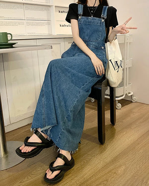 SML Women Loose Ladies Vintage Long Denim Dress Female Tassel Spaghetti Strap Jeans Denim Dresses Female (78913