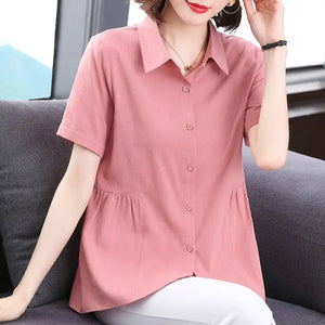 Women's Clothing Short Sleeve Shirt New Summer Loose Solid Color Blouse Lapel Button Shirring Fashion Elegant Office Lady Tops