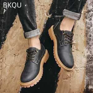 Men Leather Shoes Outdoor Wear-Resistant Flat Heel Walking Elastic Platform Casual Trendy All-match Spring and Autumn Main Push