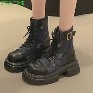 British Style Thick Sole Ankle Boots Round Toe Belt Buckle 2024 Spring Thick Heel Lace Up Shoes Blue Fashion Women Short Boots