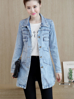 Zoki Autumn Women Denim Jacket Fashion Ripped Female Jean Long Coat Koran Cotton Slim Long Sleeve Blue Outwear 5XL