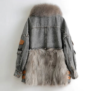 AYUNSUE Women's Winter Coats Ladies Fox Fur Collar Raccoon Fur Stitching Denim Down Jacket Fur Coat Warm Female Fur Jacket Lq966