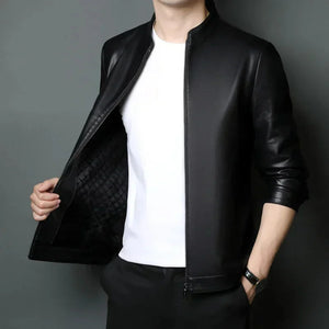 Leather Genuine Clothes Men's Stand Collar Luxury Jacket Autumn and Winter plus Velvet Warm Leisure Simple Coat