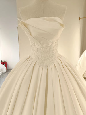 A Line Sleeveless Strapless Lace Beading In-Stock Mikado Wedding Dress