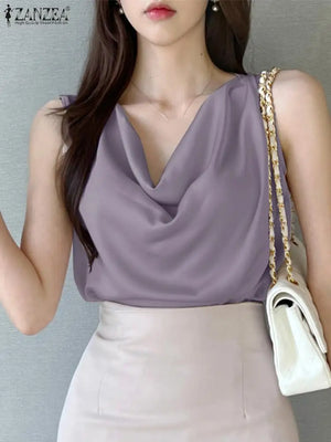 ZANZEA Elegant Korean Style Tanks Women Satin Silk Solid Color Sleeveless Tank Tops Fashion Sexy Office Lady Cowl Neck Camisole