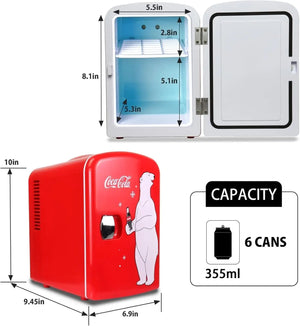 Coca-Cola Classic Coke Bottle 4L Mini Fridge w/ 12V DC and 110V AC Cords, 6 Can Portable Cooler, Personal Travel Refrigerator