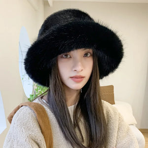 Winter Hat for Women Faux Fur Fluffy Bucket Hat for Women Luxury Plush Hat Thicken Snow Oversized Fur Bucket Hat Soft Panama Cap