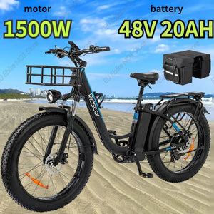 Ridstar MN-26 Electric Bicycle 26 Inch Fat Tire Off-Road Electric Bike 1500W 48V 20AH Removable Battery Adult All-Terrain E Bike