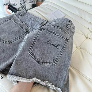 2024 small hot drill denim shorts female hot drill carbon gray multiple washing process High-waisted A-line