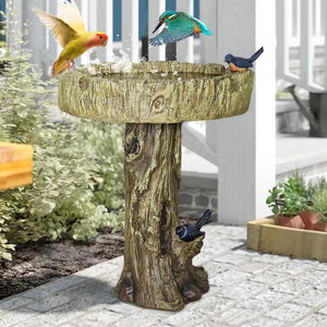 24.4" H Fibre Reinforced Concrete Outdoor Garden Bird Bath with Birds,Woodland Tree Trunk Decoration Yard Statue