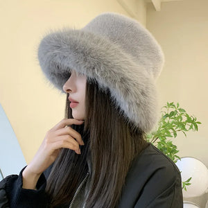 Winter Hat for Women Faux Fur Fluffy Bucket Hat for Women Luxury Plush Hat Thicken Snow Oversized Fur Bucket Hat Soft Panama Cap