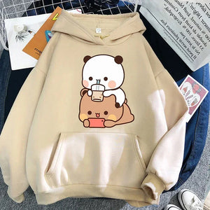 DuDu Bear and BuBu Panda Enjoying Time Together Hoodies Graphic Print Pullovers Women/Men Clothing Winter Long Sleeve Hoody Tops