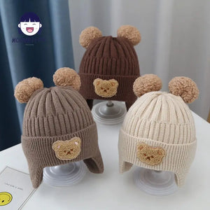 Winter Baby Beanie Cap Cartoon Bear Ear Protection Knitted Hat for Toddler Boys Girls Cute Korean Warm Kids Crochet Hats Gorros