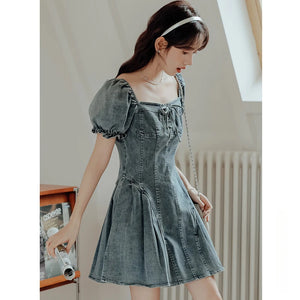 French square collar puff sleeve denim dress female summer slim waist pleated skirt