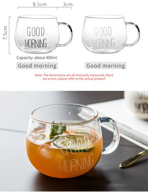 350ml Letter Printed Transparent Creative Glass Coffee Tea Mug Drinks Dessert Breakfast Milk Cup Glass Mugs Handle Drinkware