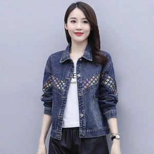 Women Denim Jacket Nice Spring Autumn New Korean Female Cowboy Coat Female Printing Tops Ladies Denim Jackets 5XL C178