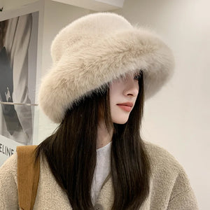 Winter Hat for Women Faux Fur Fluffy Bucket Hat for Women Luxury Plush Hat Thicken Snow Oversized Fur Bucket Hat Soft Panama Cap