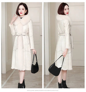 Womens Rex Rabbit Fur Coat Winter Warm Fur Jacket Women Clothing Long Coat Fox Fur Collar Elegant Jackets Overcoat Manteau Femme