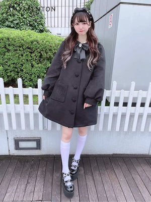 Japanese Sweet Cute Girl Lace Bow Wool Rcoat Women Autumn Winter New Mine Lantern Sleeve Pocket A-Line Lolita All Match Coats