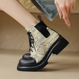 2024Apricot Denim Women Ankle Boots Black Platform Outside Footwear Casual Lace Up Rubber Sole Riding Botines Blue Sapatos Femme