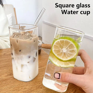 Home Glass Square Water Cup With Straw High Temperature Coffee Milk Cup Cold Drink Juice Cup Clear Sippy Cup With Lid