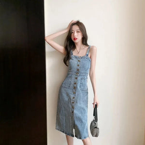 Denim Dress Women 2023 Summer New Retro Casual All-match Denim Slip Dresses Female Single Breasted Long Suspender Skirt