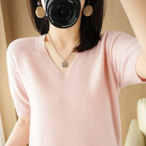 Spring/Summer 2022 Ladies Sweater Pullover Solid Color V-neck Half-sleeved Knitted Cashmere Sweater Thin Casual Top