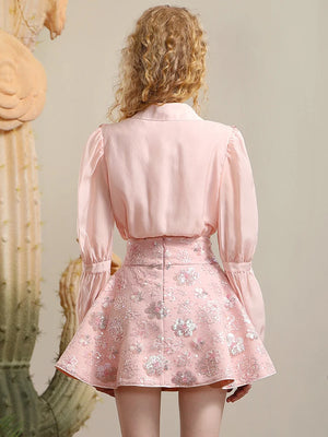 High-End Pink Skirt Set Women's Summer New Niche Design Ruffled Shirt Sequins Embroidery Shirt Top High Waist Mini Skirt Outfits