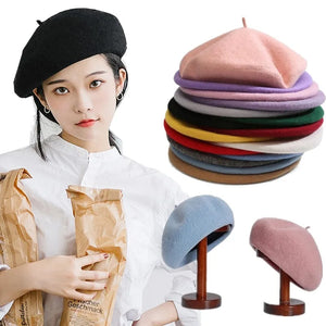 Winter Warm faux Wool Beret Women Girls French Artist Beanie Hat Cap red black purple beige orange Kawaii Flat Top caps warmers