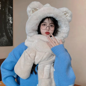 Winter Simple New Style Thickened Warm Plush Scarf All-in-one Hooded Scarf Three-in-one Cute Bear Ear Hat Female Hooded Ski Mask