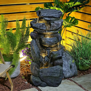 6-Tiers Waterfall Fountain Outdoor with Led Lights, 31.5” Rock Cascading Floor Water Garden Fountains, Outdoor Fountain