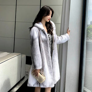 Cross Mink Fur Coat Women Luxury Winter Real Fur Coats Hooded Elegant Long Fur Jackets Women Clothing Fur Jacket Fourrure Femme