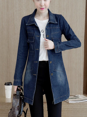 Zoki Autumn Women Denim Jacket Fashion Ripped Female Jean Long Coat Koran Cotton Slim Long Sleeve Blue Outwear 5XL