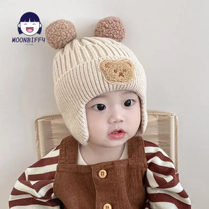 Winter Baby Beanie Cap Cartoon Bear Ear Protection Knitted Hat for Toddler Boys Girls Cute Korean Warm Kids Crochet Hats Gorros