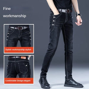 Stylish Black Luxury Men's Korean Streetwear Punk Fashion Comfortable Stretch Jeans Slim Fit Straight Leg Casual Denim Pants