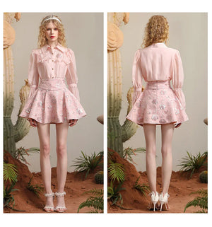 High-End Pink Skirt Set Women's Summer New Niche Design Ruffled Shirt Sequins Embroidery Shirt Top High Waist Mini Skirt Outfits