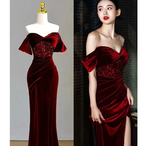 Fishtail Toast Clothing Wine Red Dress off-Shoulder Velvet Sequins Elegant Women