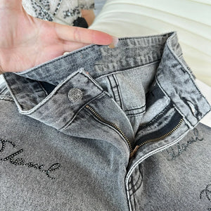 2024 small hot drill denim shorts female hot drill carbon gray multiple washing process High-waisted A-line