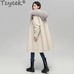 Tcyeek 2023 Winter Fox Fur Collar Parka Elegant Womens Fur Coat Warm Rex Rabbit Fur Liner Detachable Long Jacket Women Clothing