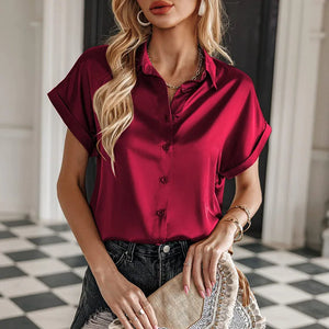 Summer Women's Blouses Elegant Satin Silk Shirts Short Sleeve Tops Fashion Buttons Office Lady Blouses Loose Women's Clothing