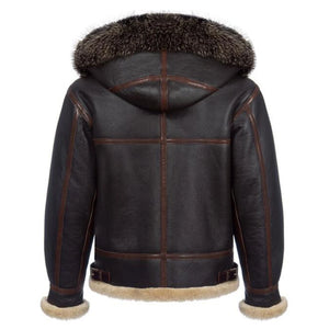 Denny&Dora Mens Shearling Jacket Hooded Sheepskin Coat Thick Warm Winter B3 Pilot Jacket