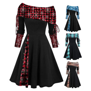 Women Off Shoulder Dress Button Decoration Dress Stylish Women's Plaid Stitching Print A-line Midi Dress Off for Christmas