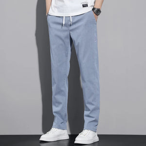 New Spring Summer Cotton Men's Casual Pants Classic Drawstring Elastic Waist Thin Stretch Blue Jogging Work Cargo Trousers Male